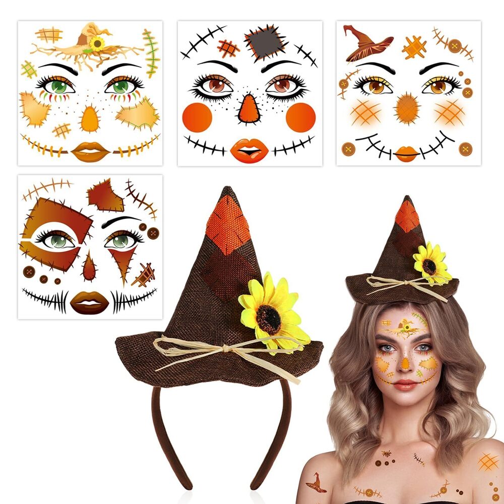 8782 1pcs Halloween Scarecrow Hat Headband + 4 Sheets Scarecrow Face